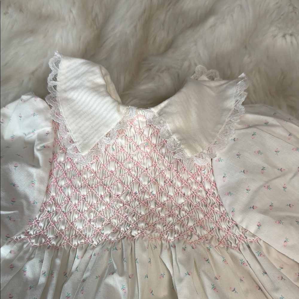 Vintage Polly Flinders Floral White and Pink Long Sleeve Lace Smocked Dress Y2K - Picture 2 of 9